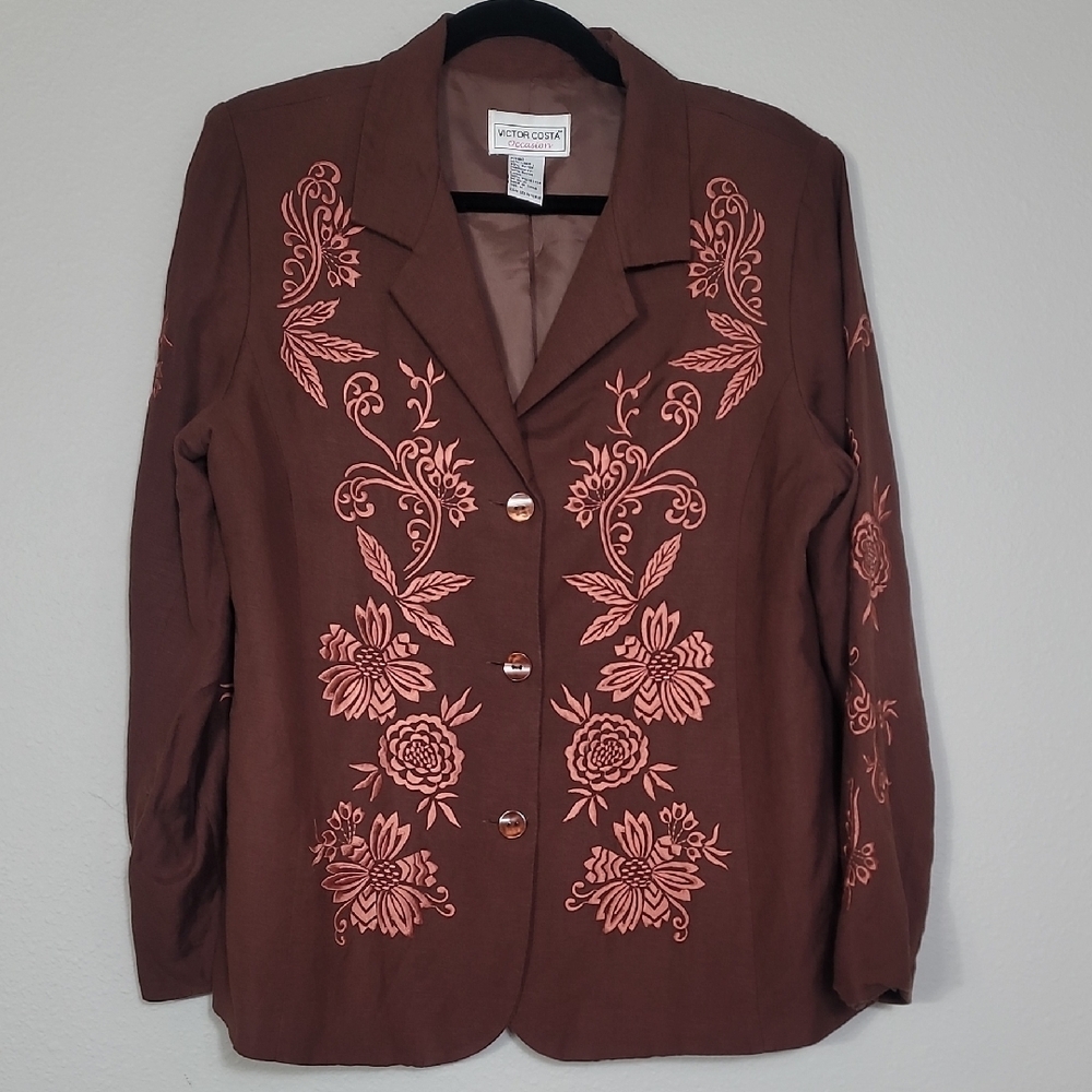 Victor Costa Embroidered Linen Blend Jacket Blazer Size M Button Up Brown Floral